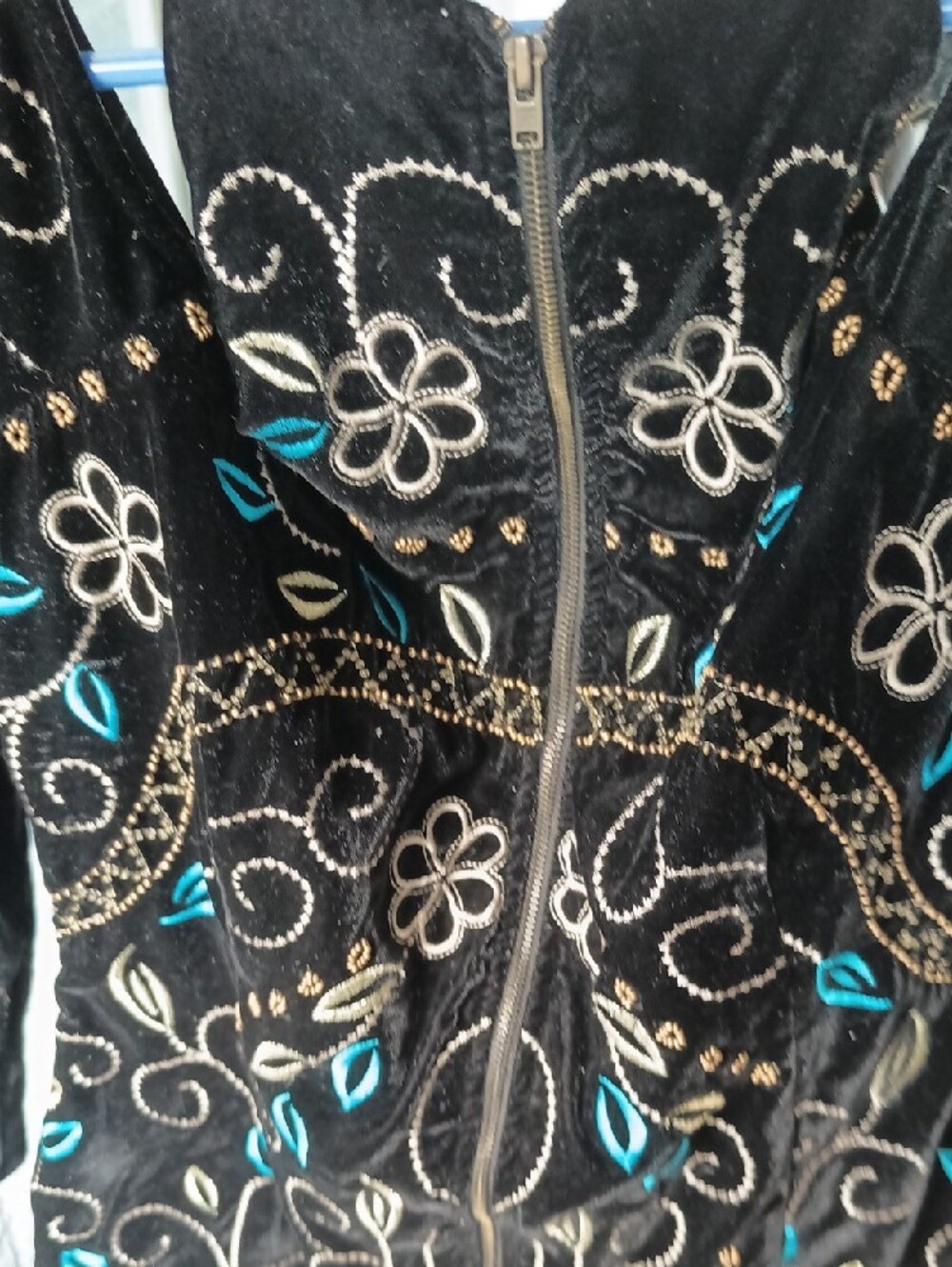 Black Embroidered Velvet Tunic Top with Teal Accents - Picture 7 of 11
